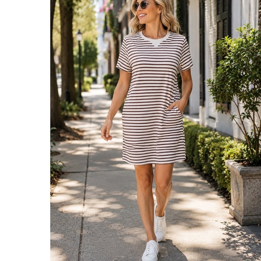 Glamaker  XL Leisure Brown‎ White Striped T-Shirt Mini Dress NWT SZ XL
